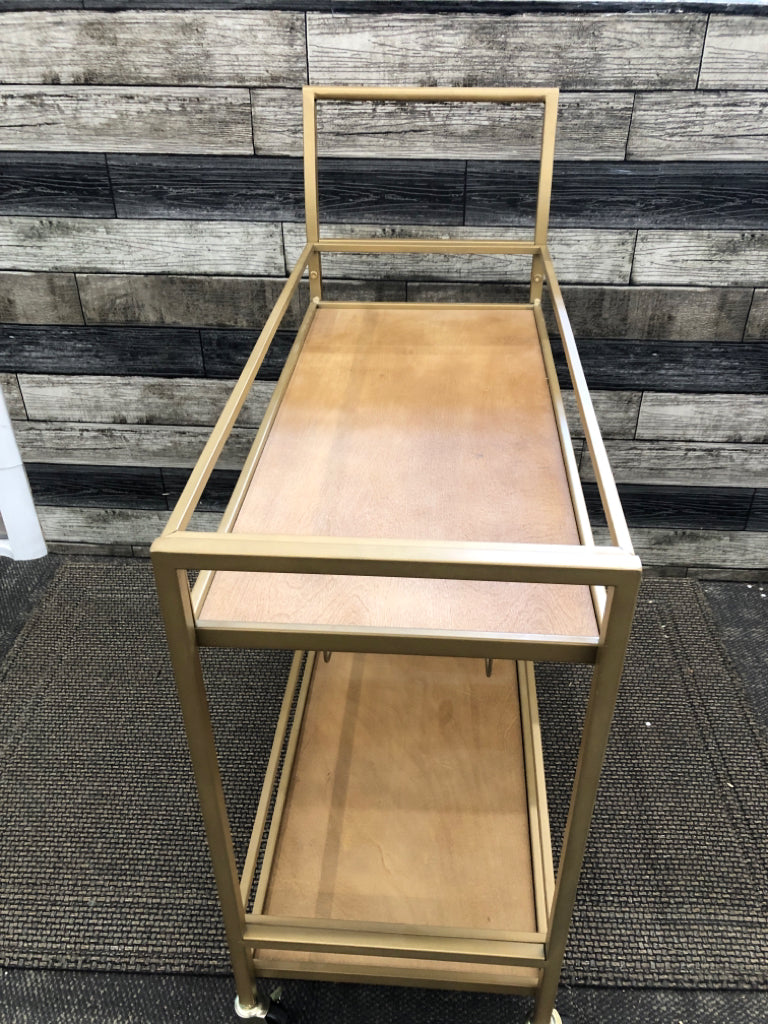 WOOD 2 TIER ROLLING BEVERAGE CART W/GOLD METAL FRAME, WINE RACK.