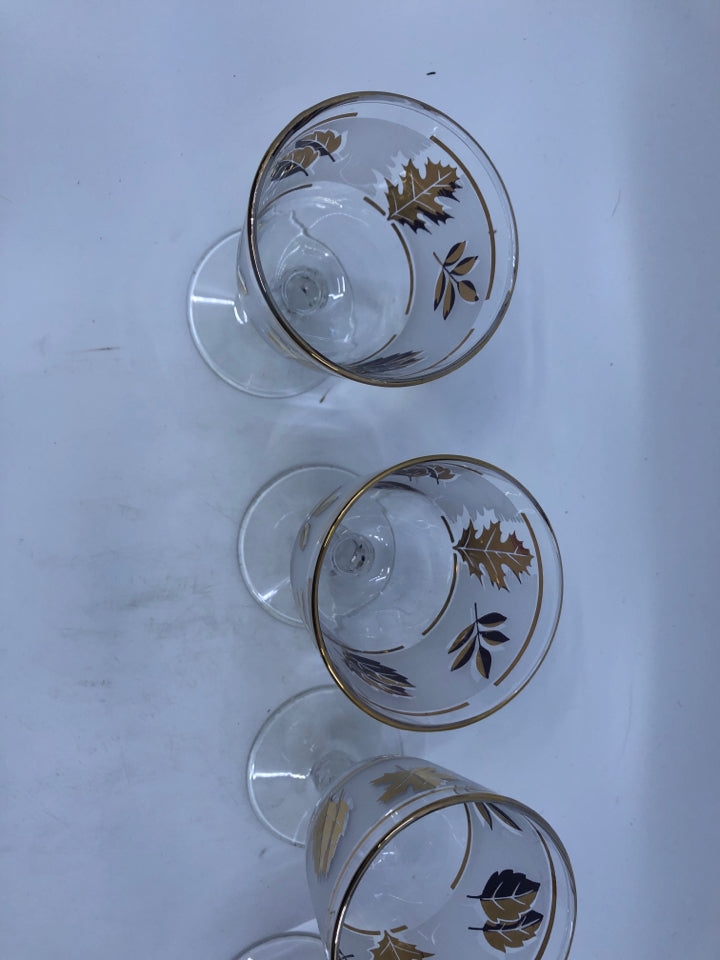 4 VTG GOLD RIMMED FROSTED LEAF WINE GLASSES.