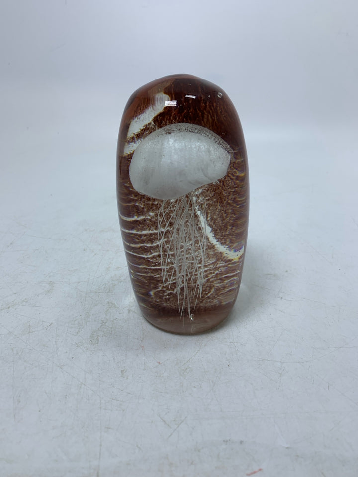 HEAVY STAND OVAL PAPERWEIGHT W/ WHITE JELLY FISH.