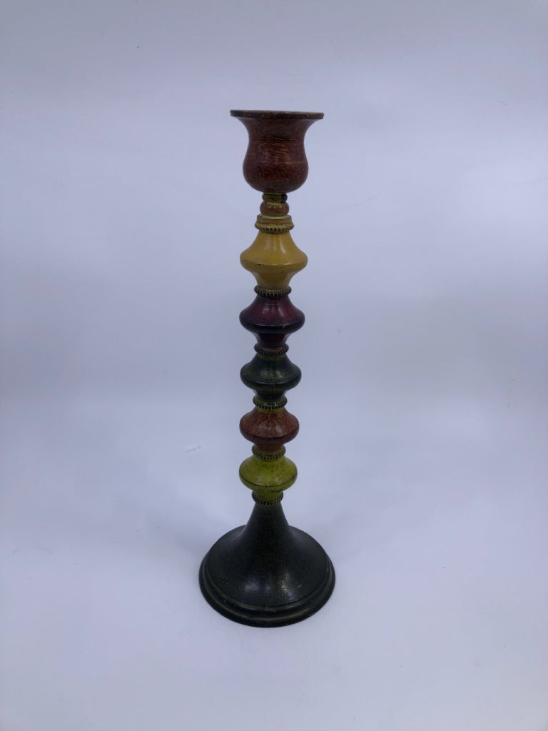 MULTI COLORED DISTRESSED CANDLE HOLDER.