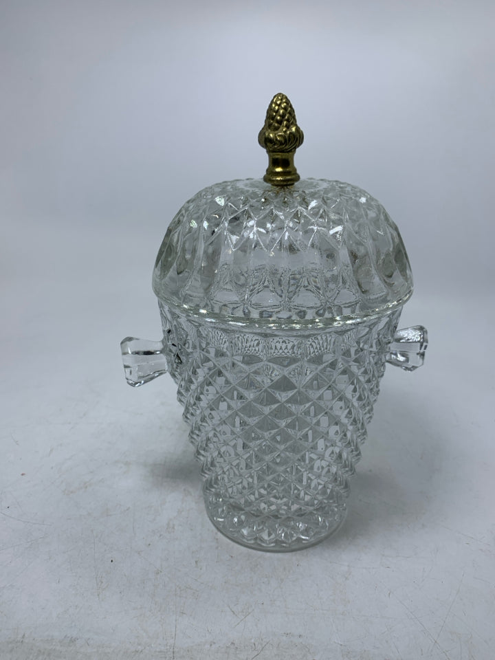 HEAVY TEXTURED GLASS ICE BUCKET W/ DOME COVER METAL HANDLE.
