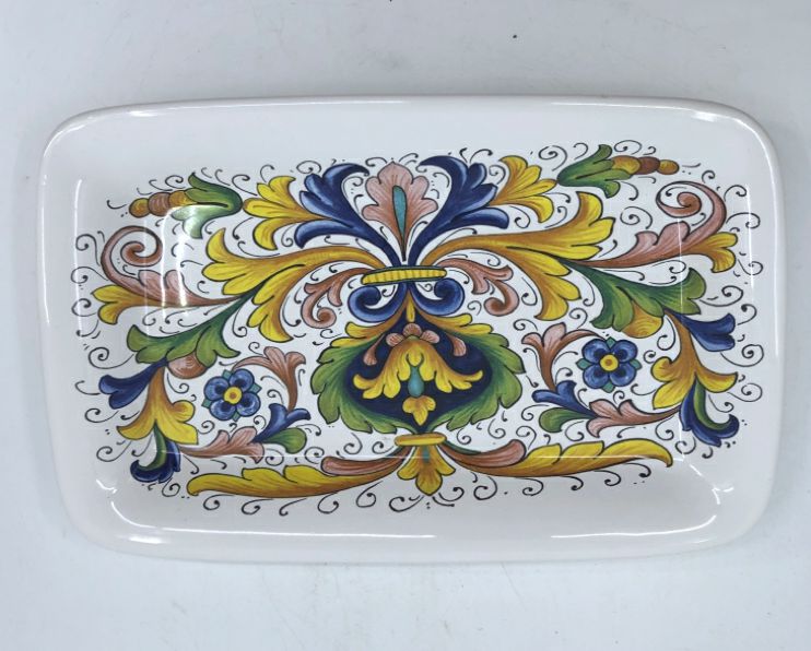 CERAMIC RECTANGLE TRAY W/ COLORFUL DETAILED SCROLL CENTER.