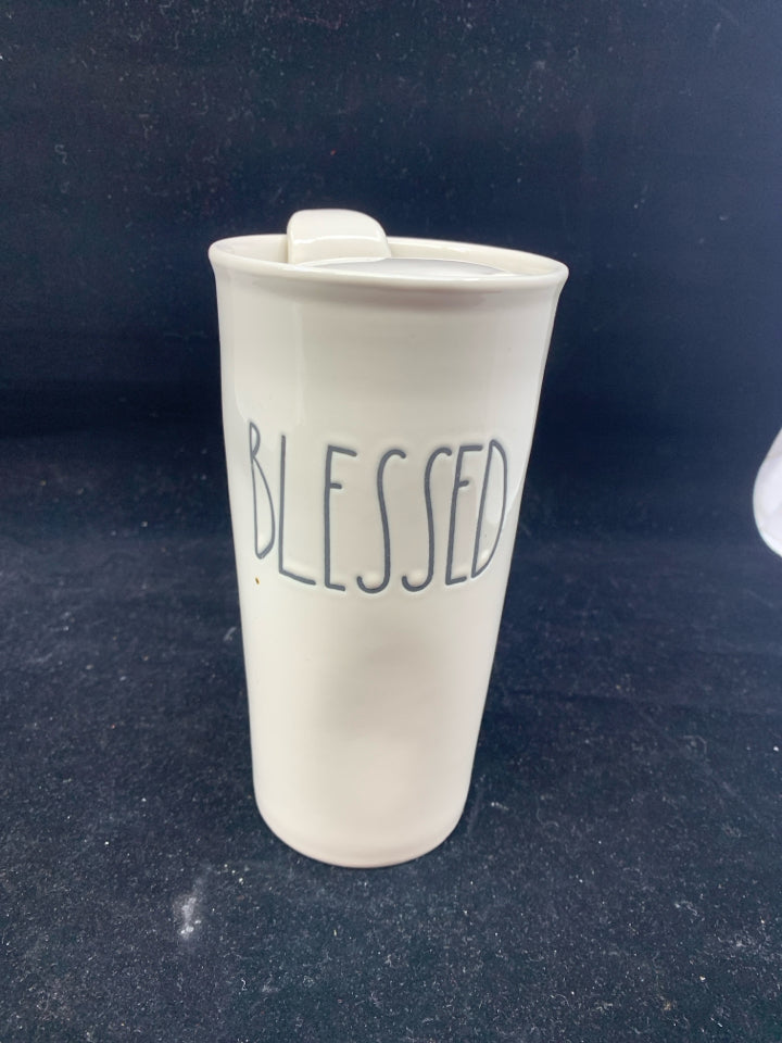 RAE DUNN "BLESSED" CERAMIC TRAVEL MUG.