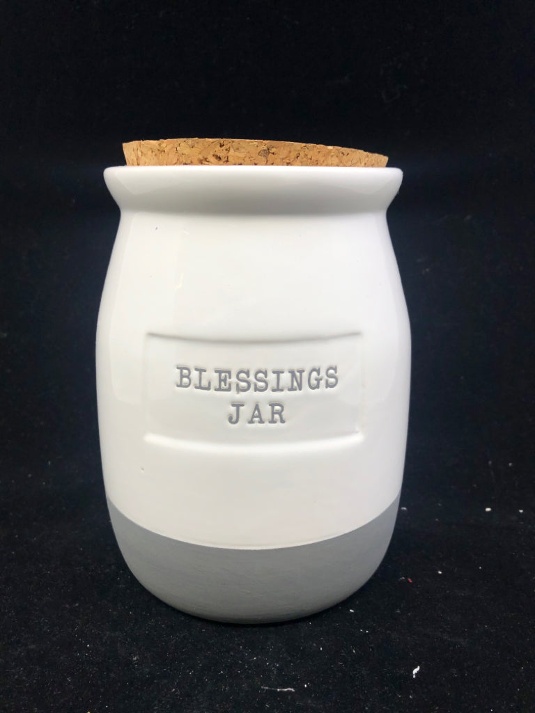 CERAMIC GREY/WHITE BLESSINGS JAR W/ CORK TOP.