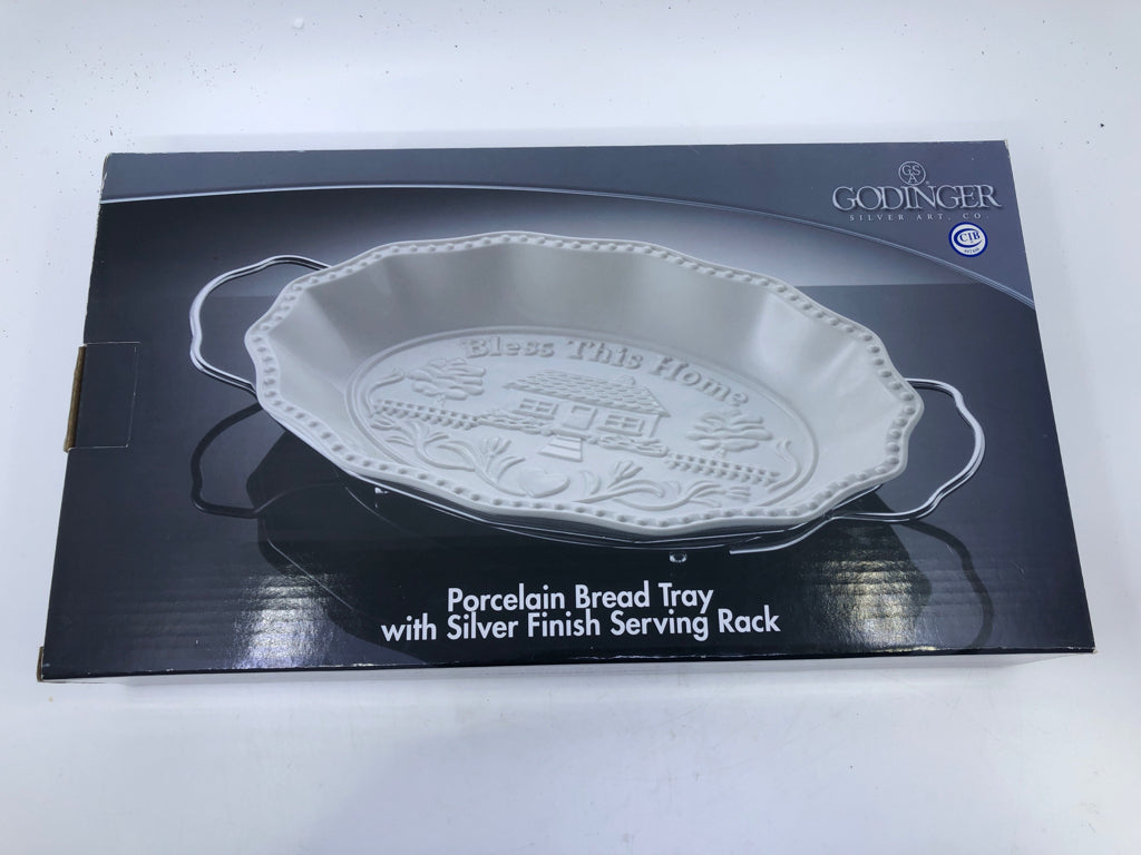 NIB PORCELAIN BREAD TREY W SILVER FINISH SERVING RACK.