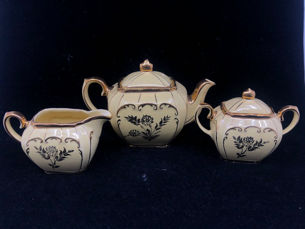 VTG 3 PC YELLOW / GOLD TEAPOT SUGAR AND CREAMER SET.