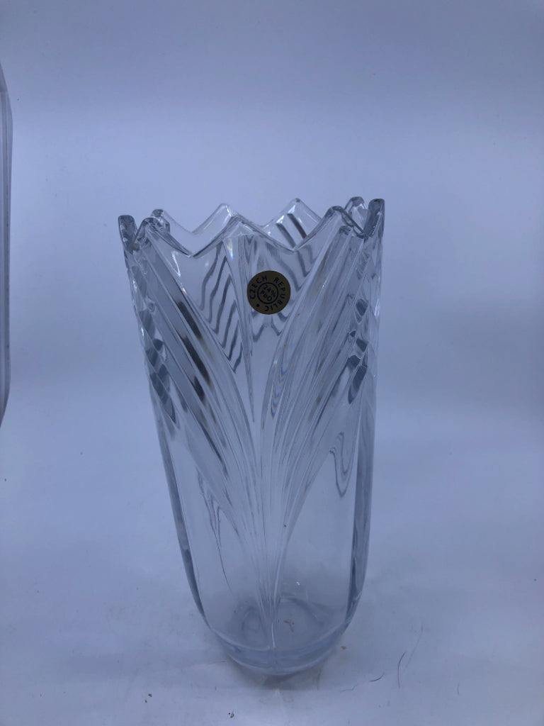 HEAVY CYLINDER CUT GLASS VASE W SAWTOOTH EDGE- CZECH.