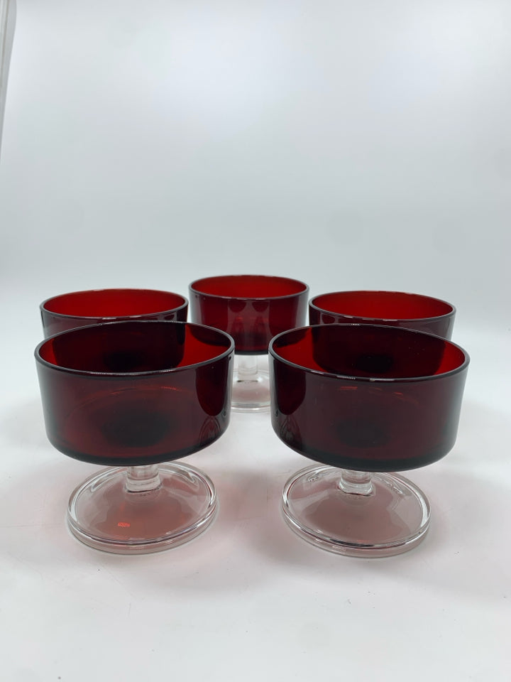 5 RED GLASS TRIFLE DISHES.