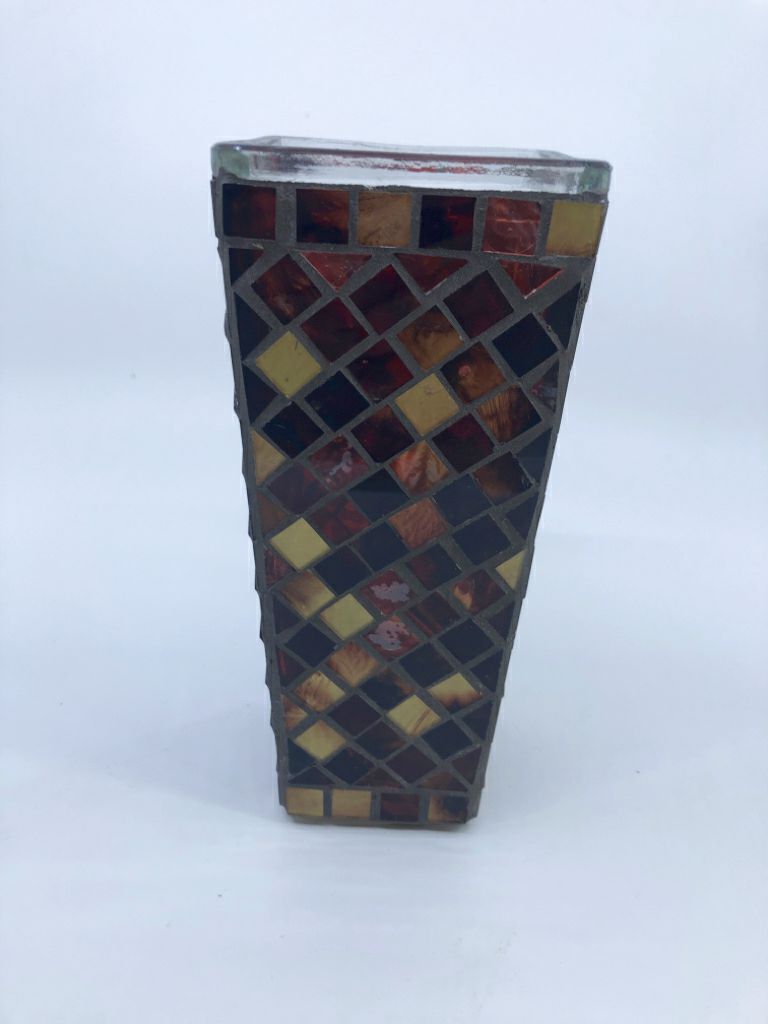 SQUARE BROWN MOSAIC GLASS VASE.