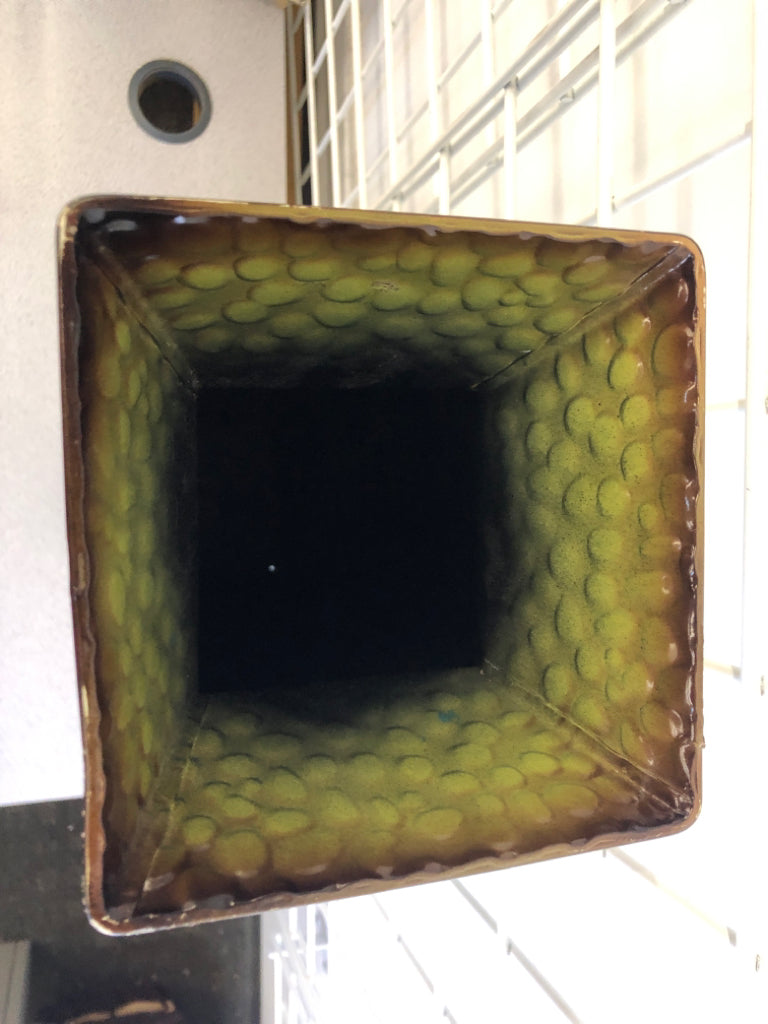 GREEN AND BLUE METAL SQUARE FLOOR VASE.