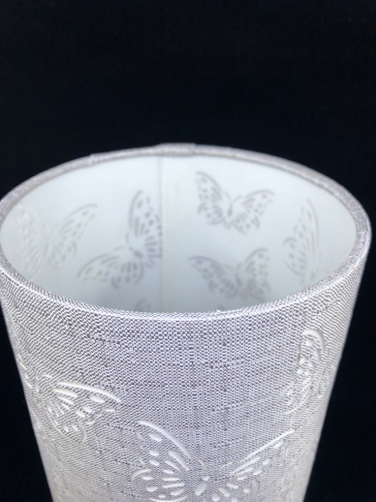 GREY BUTTERFLY SHADE CYLINDER LAMP.