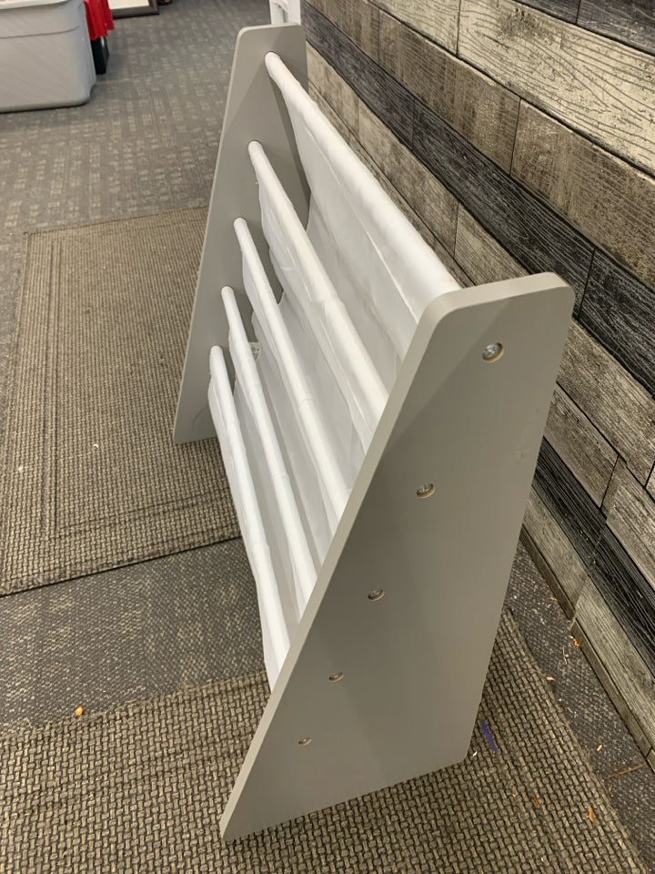 GREY WOOD AND WHITE FABRIC KIDS BOOK SHELF.