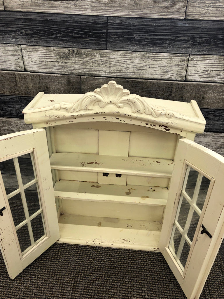 DISTRESSED CREAM MINI CURIO CABINET.
