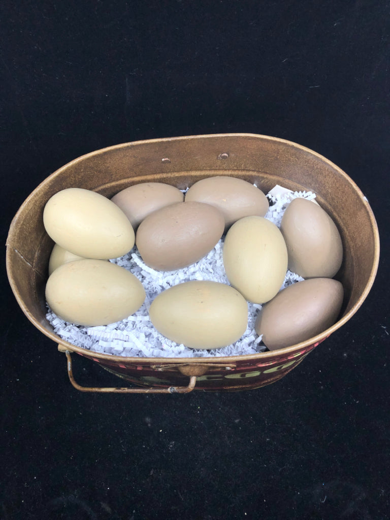 RED METAL ROOSTER BUCKET W FAUX EGGS.