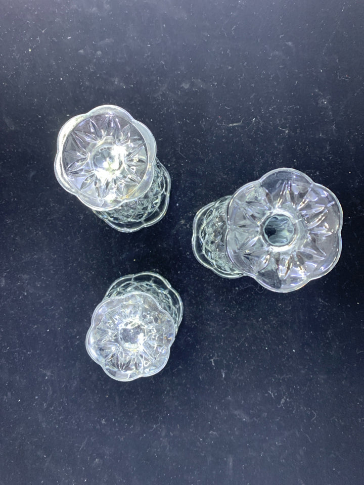 3 CUT GLASS TULIP TEA LIGHT HOLDERS.