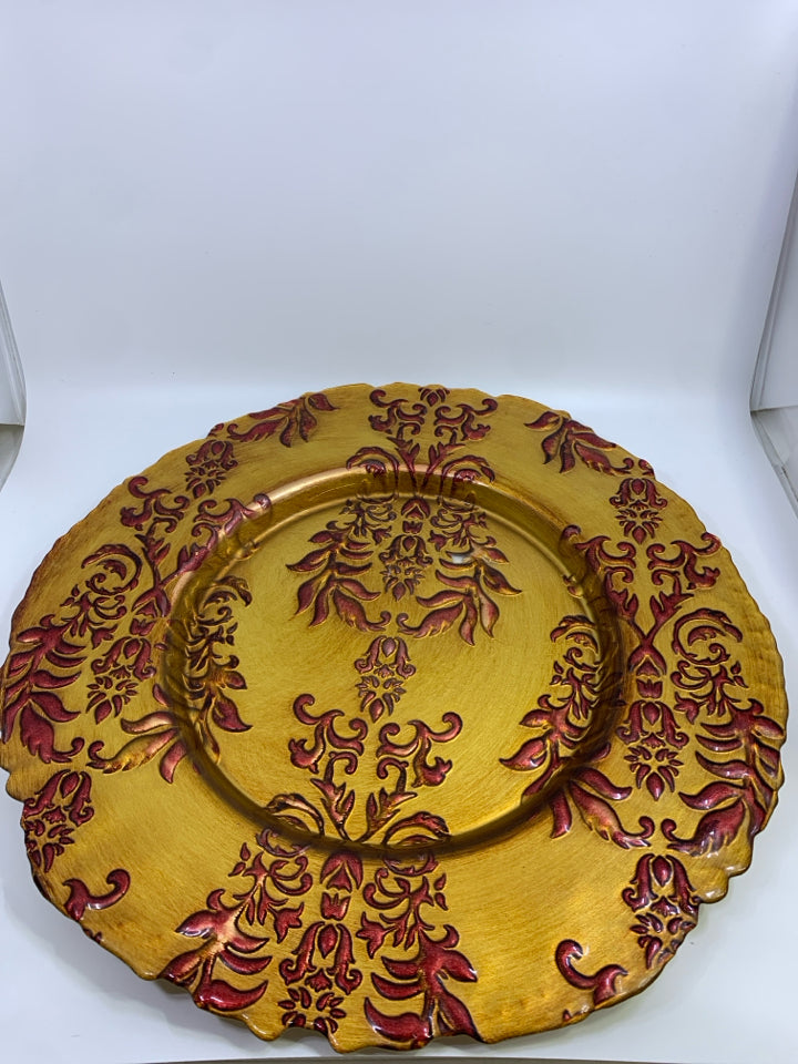GOLD PLATTER W/RED EMBOSSED LEAVES & RAISED RIM.