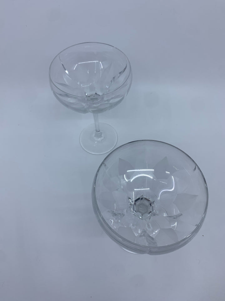 2 CUT GLASS FROSTED COUPE WINE GLASSES.