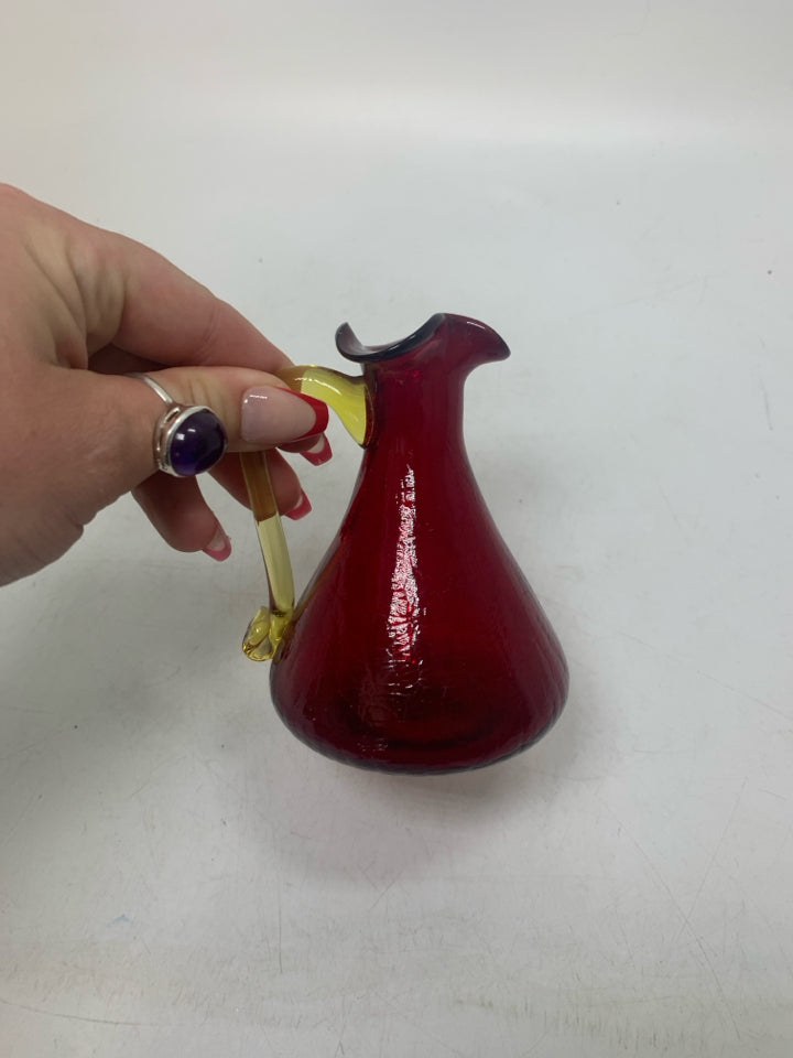 BLOWN CRACKLE GLASS SMALL PITCHER W/ YELLOW HANDLE.