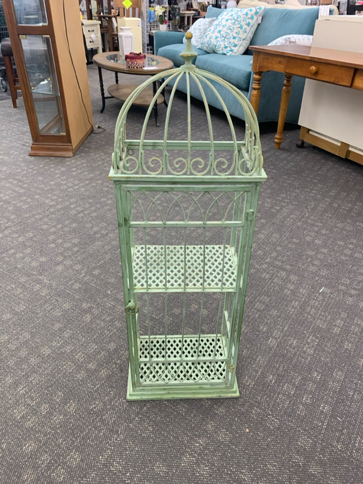 GREEN DISTRESSED 2 TIER METAL W/ DOOR FAUX BIRD CAGE.