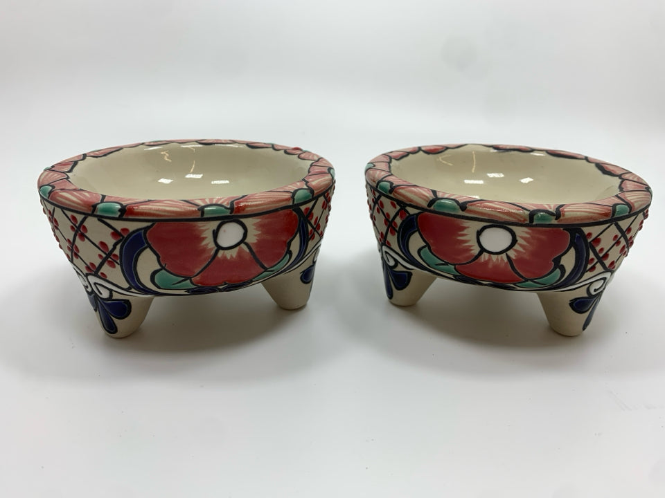 2 THREE LEGGED POTTERY SALSA BOWLS.