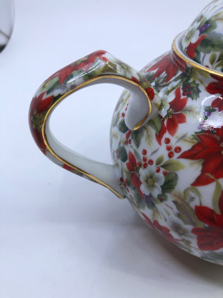 WHITE W/ RED POINSETTIA TEA POT.