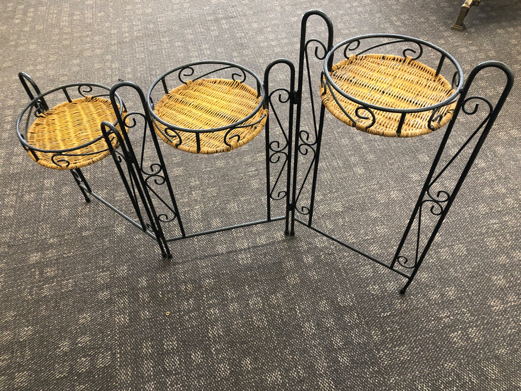FOLDING 3 TIER IRON/WICKER PLANT STAND.