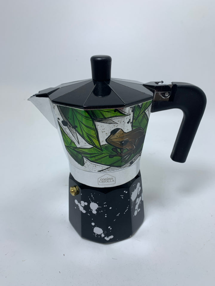 COCINA CRIOLLA ALUMINUM COFFEE MAKER W/ TREE FROG & PAINT SPLATTER.