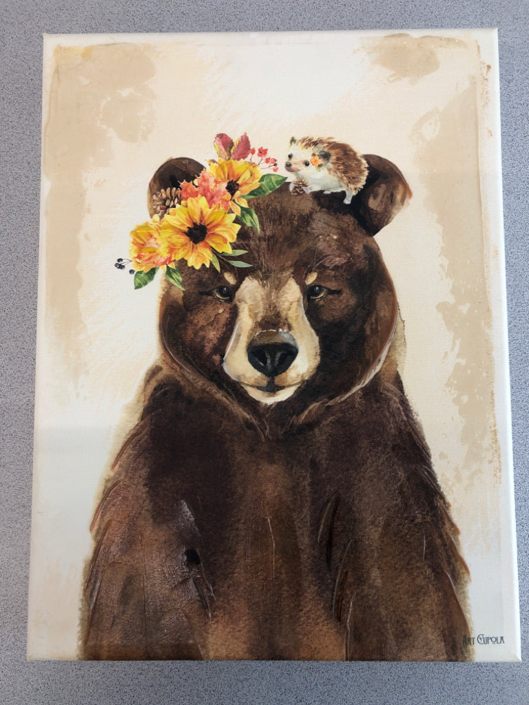 BEAR W/FLOWERS PAINTED CANVAS.