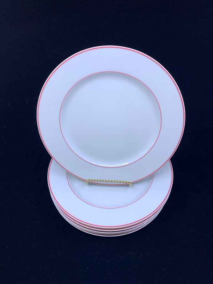 6 WHITE RED RIMMED LUNCH PLATES.