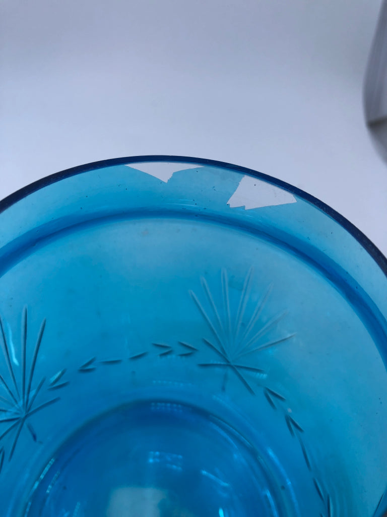 BLUE ETCHED GLASS CANISTER W METAL LID.