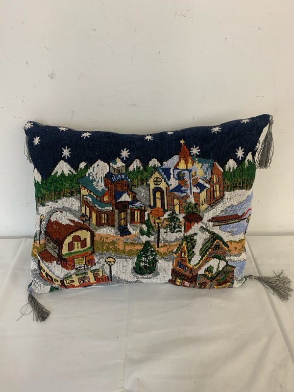 BLUE CHRISTMAS VILLAGE PILLOW WITH TASSELLS.