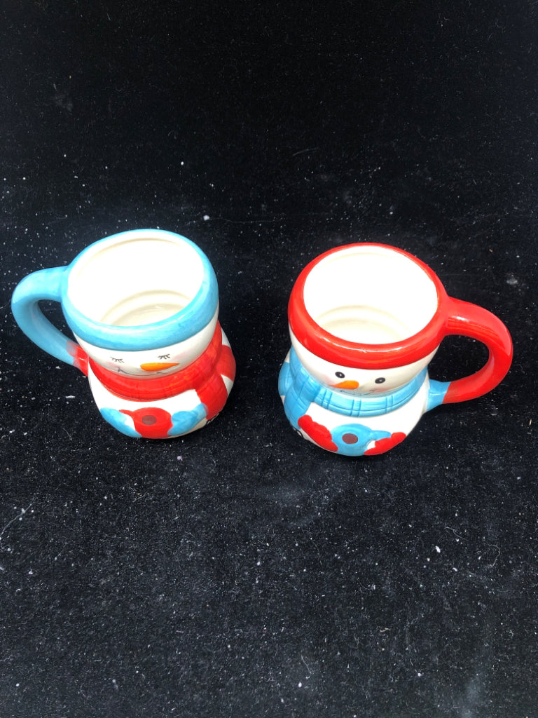 2 RED + BLUE SNOWMAN MUGS.