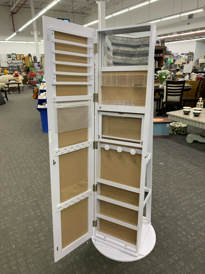 FULL LENGTH BODY MIRROR ON SWIVEL W/ JEWELRY STORAGE.