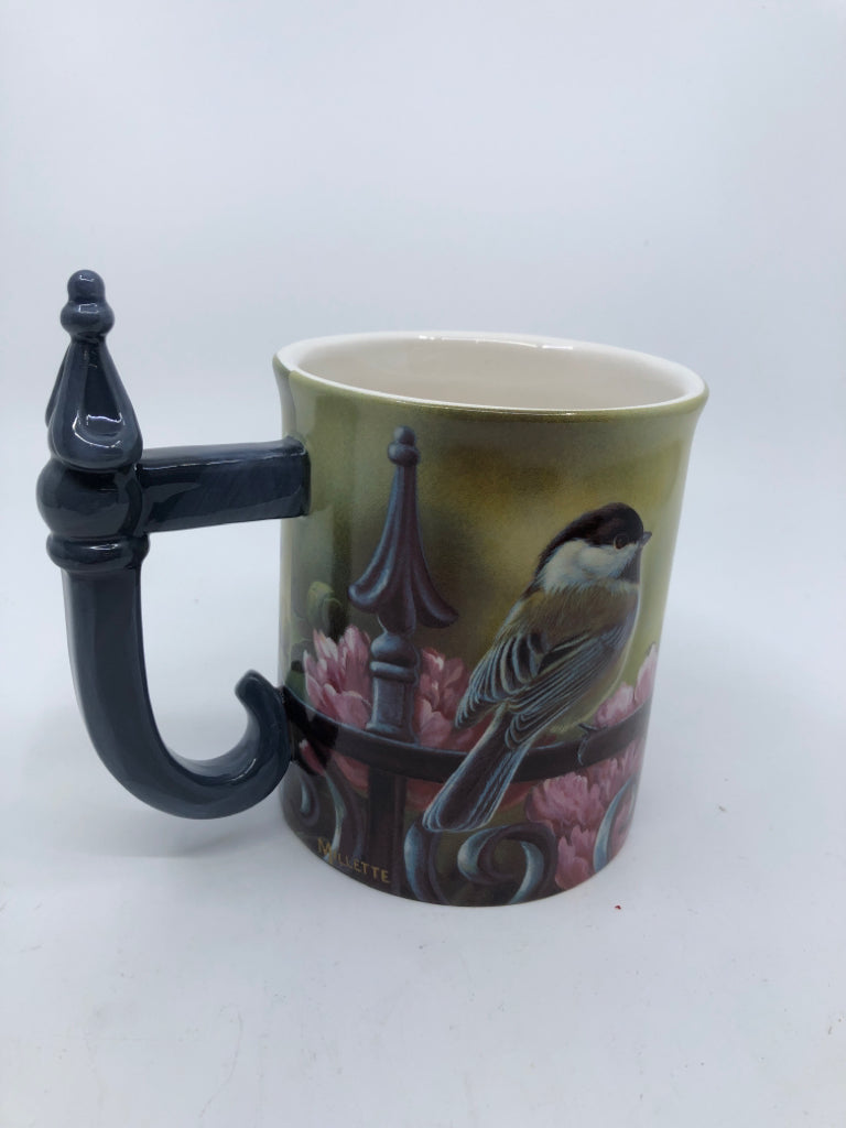 EMBOSSED CHICKADEE BIRD ON MUG W DETAILED HANDLE.