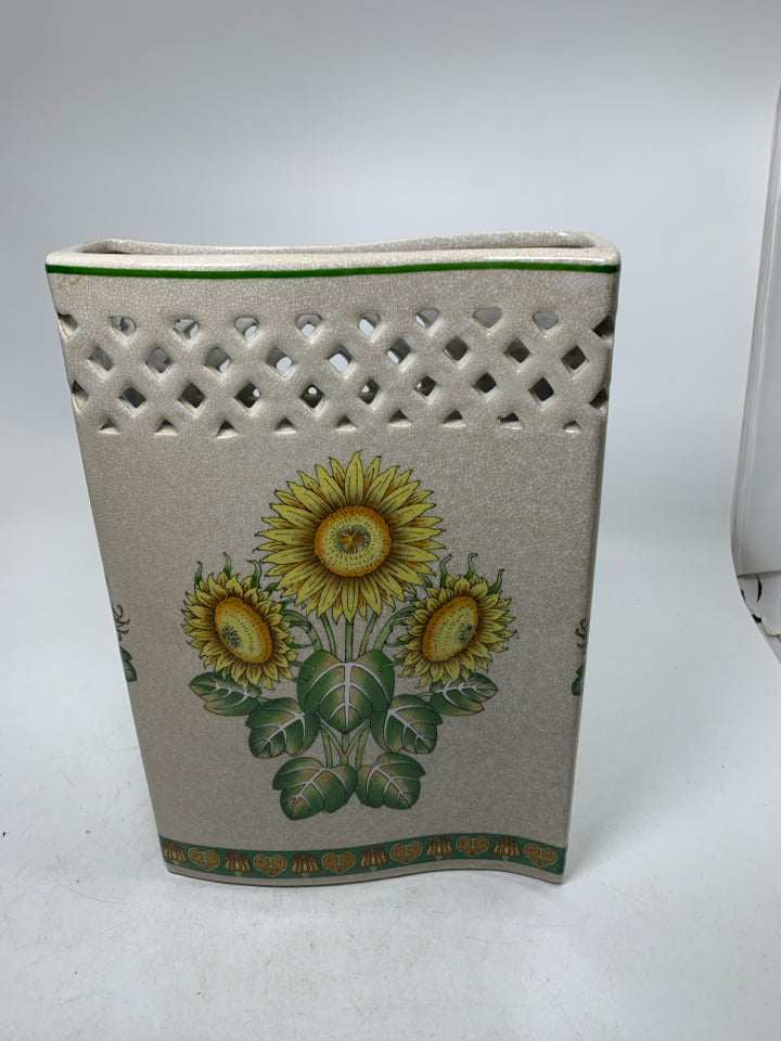 CRACKLE DETAILED NARROW VASE W/ PRINTED SUNFLOWERS PIERCED TOP.