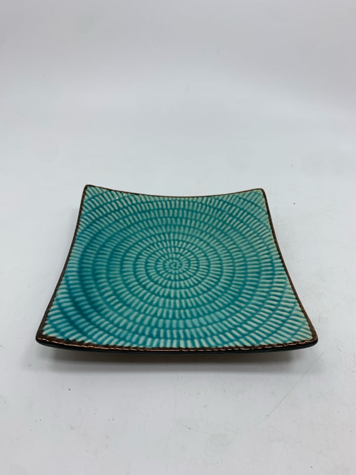 TEAL GLAZED SQUARE CANDLE PLATE.