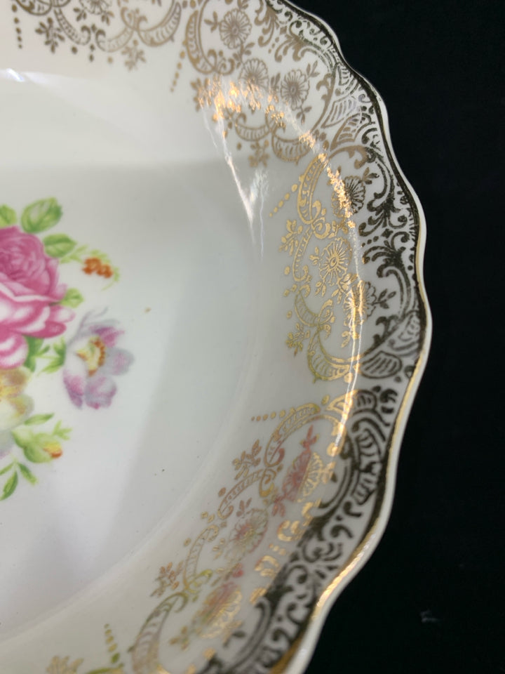 6 VTG DESSERT BOWLS IVORY GOLD DESIGN W/ COLORFUL BOUQUET.