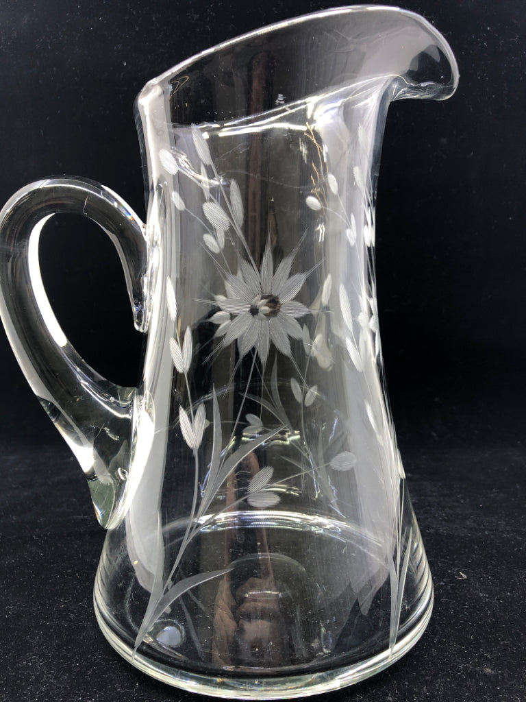 ETCHED FLORAL HEAVY GLASS PITCHER.