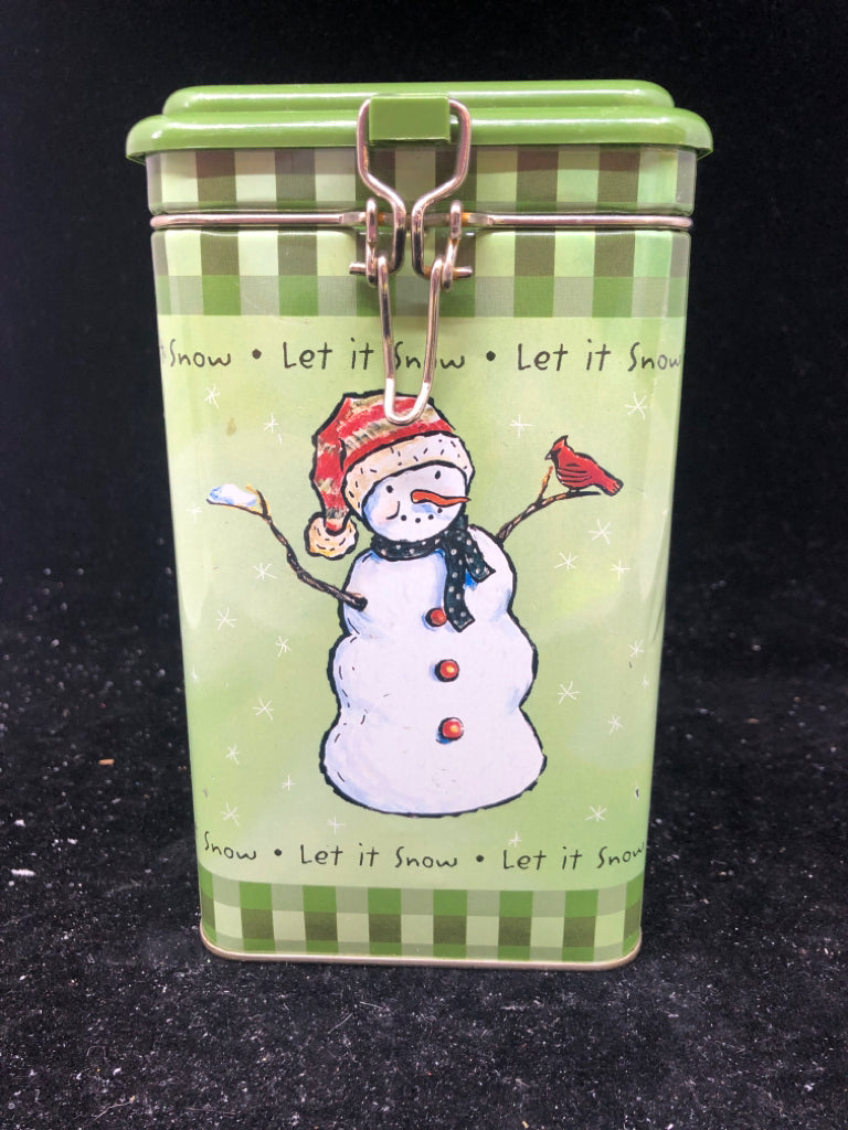 GREEN SNOWMAN METAL TIN.