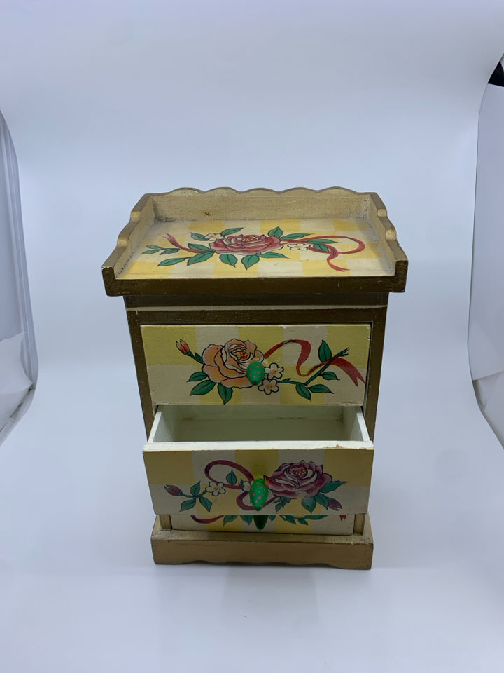 VTG YELLOW PAINTED ROSES JEWELRY BOX W 3 DRAWERS.