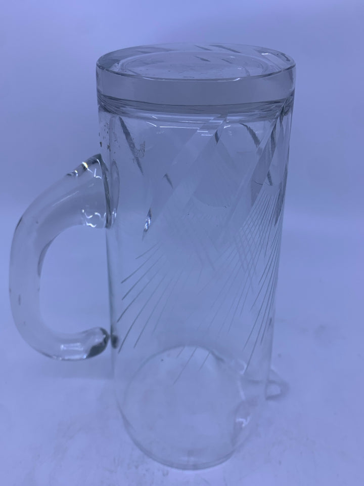 ETCHED CUT GLASS BOTTOM PITCHER W HANDLE.
