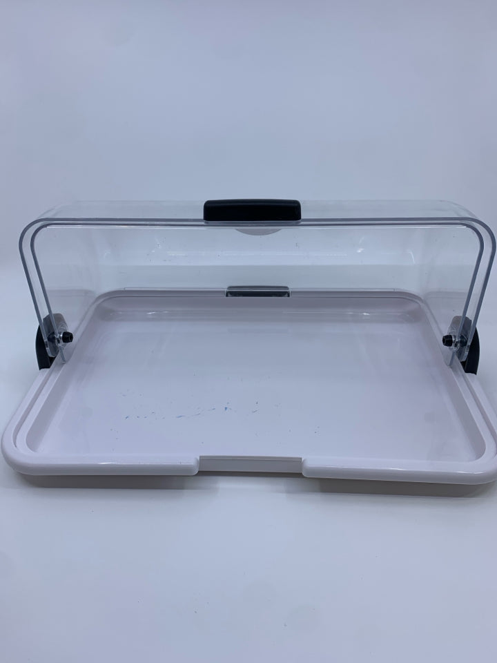 CLEAR PLASTIC BREAD BOX W WHITE BOTTOM.