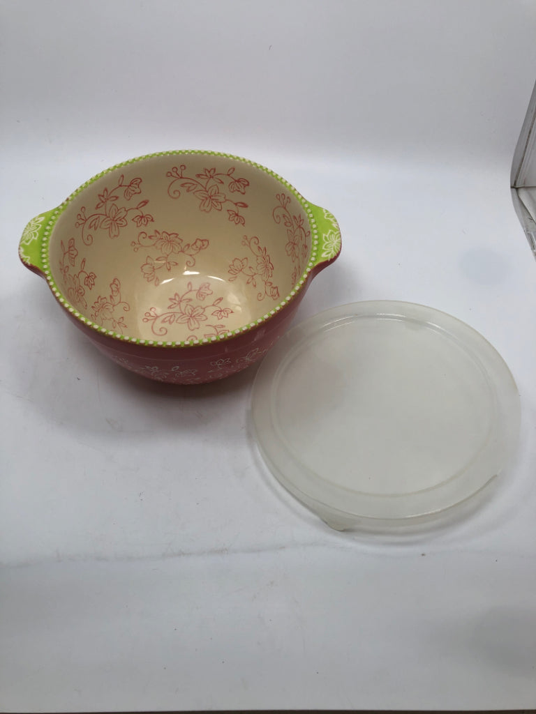 PINK FLORAL LACE BOWL W/PLASTIC LID.