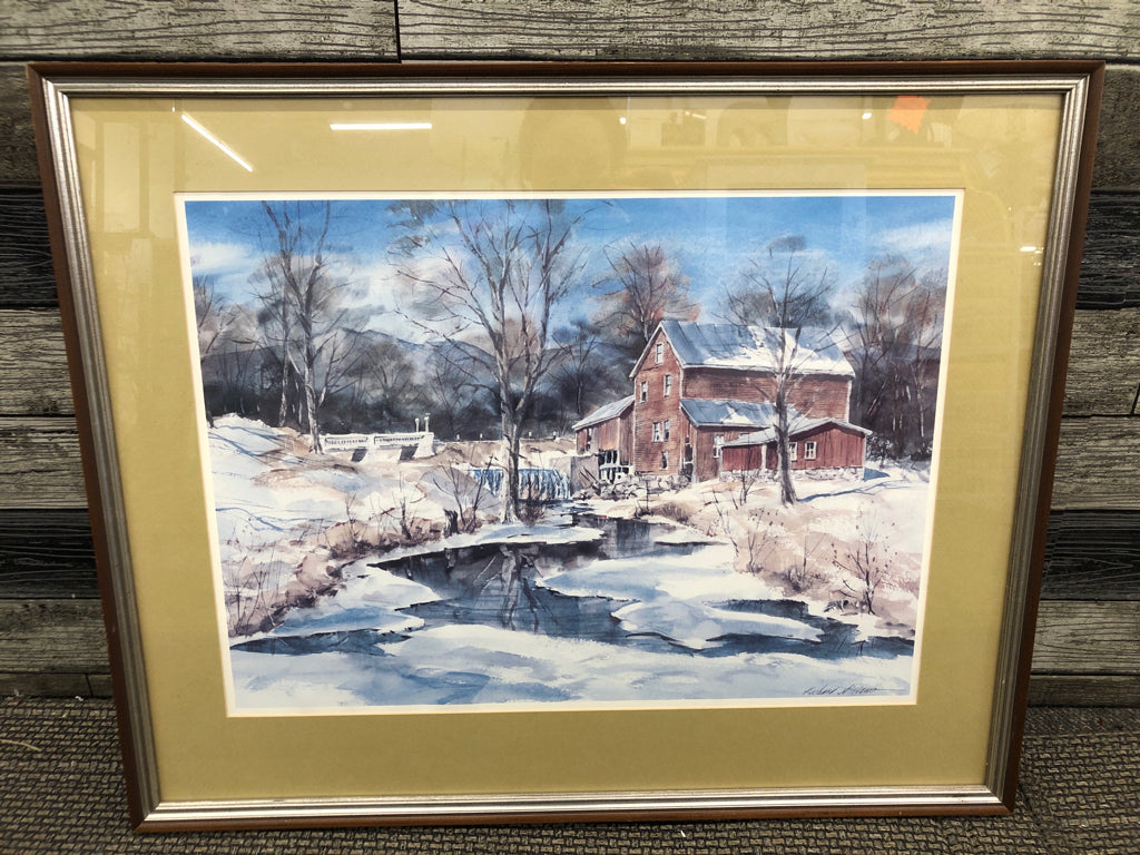 SNOW COTTAGE SCENE IN WOOD FRAME WALL ART.
