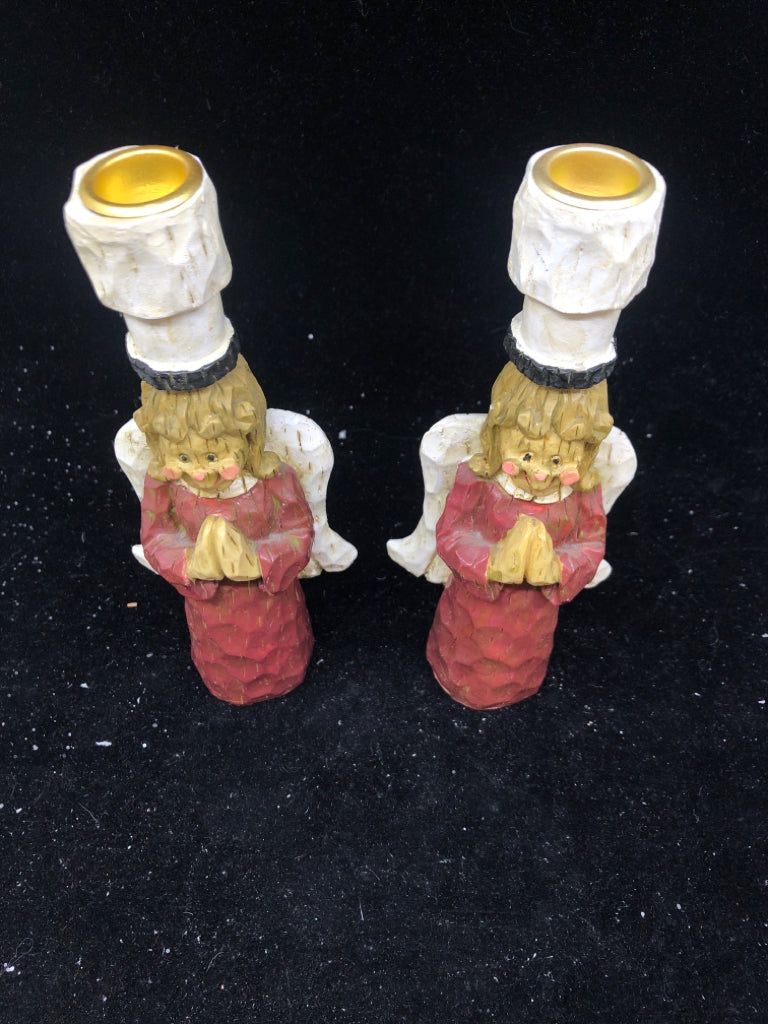 2 RESIN CARVED ANGEL TAPER CANDLE HOLDER.