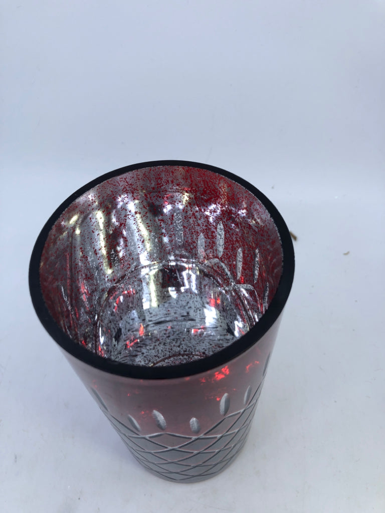 RED/ SILVER MERCURY GLASS CANDLE HOLDER.