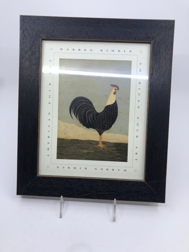 PRIMITIVE ROOSTER IN BLACK FRAME WALL ART.