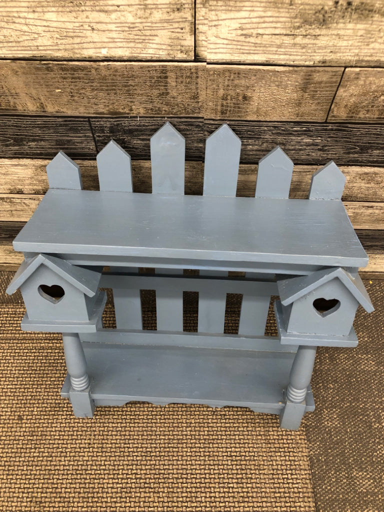 DARK BLUE FENCE POST SHELF W BIRD HOUSES.