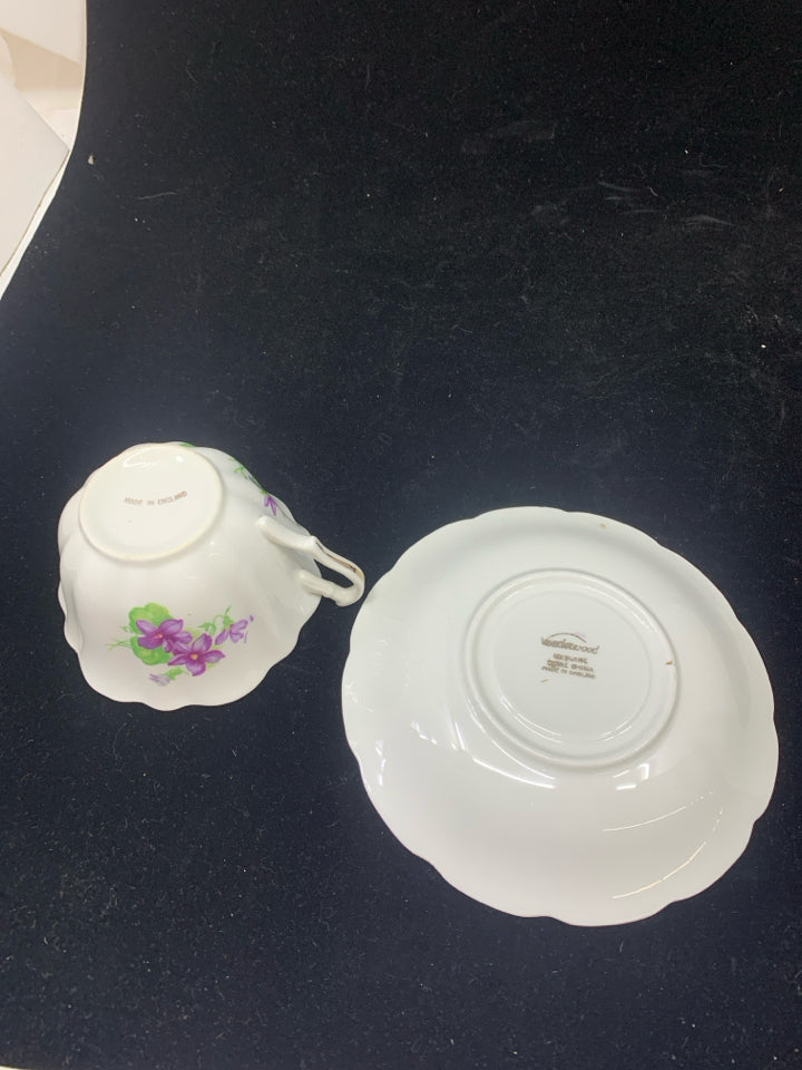 WHITE W/PURPLE FLORAL GOLD ACCENT TEA CUP & SAUCER-VANDERWOOD.