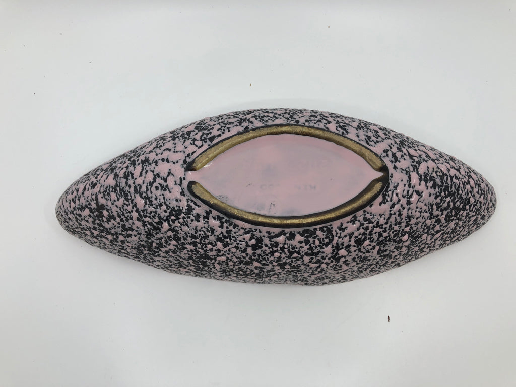 VTG HEAVY PINK AND BLACK OVAL BOWL W WAVY TOP.